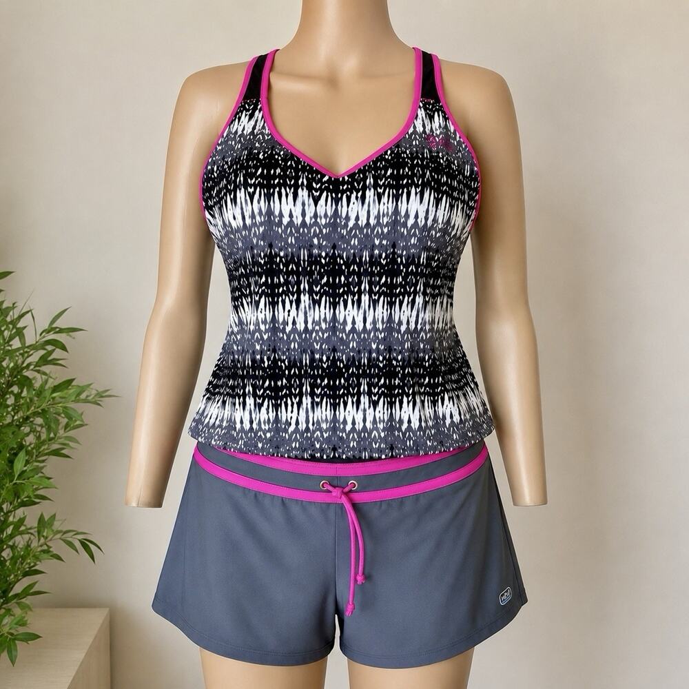 Free Country XL Two Piece Swimdress Swimsuit Gray Pink Tummy Control